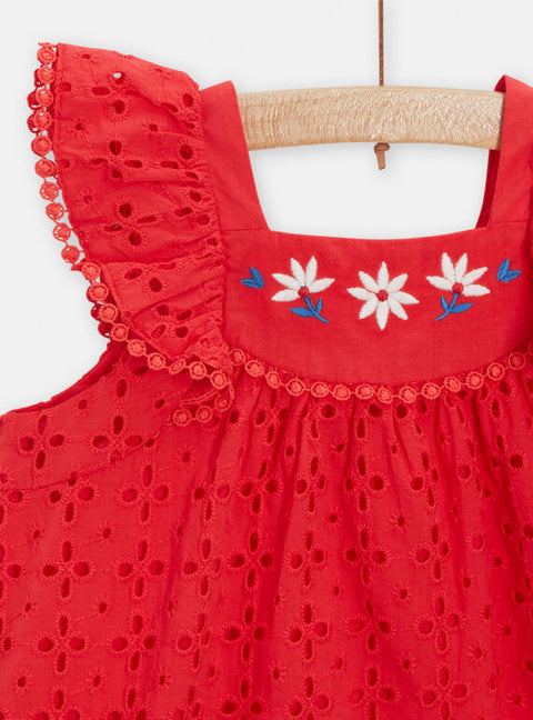 Red Lined Broderie Anglaise Cotton Dress With Daisy Embroidery