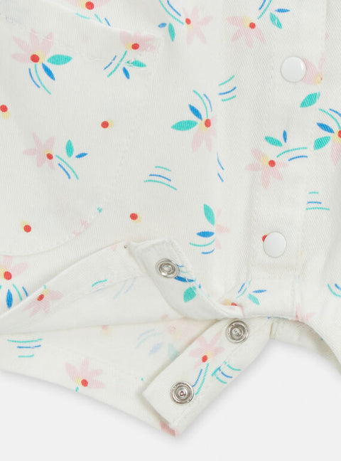 Lined White Floral Print Short Cotton Dungarees