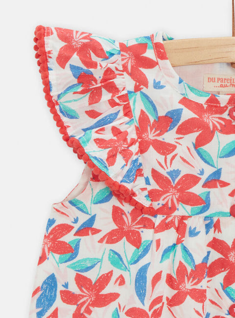 Red Lined Floral Print Cotton Dungarees