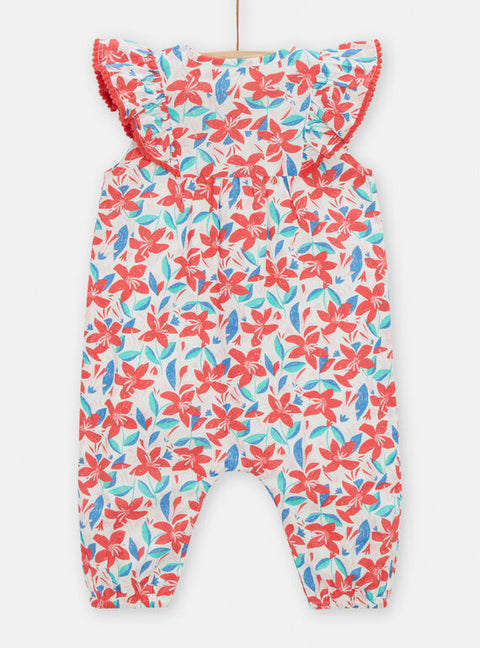 Red Lined Floral Print Cotton Dungarees