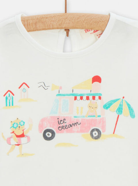 Cream Ice Cream Van Print Short Sleeve Cotton T-shirt
