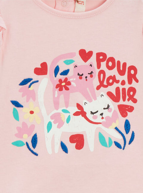 Pink Cat Print Ruffle Sleeve Cotton T-shirt