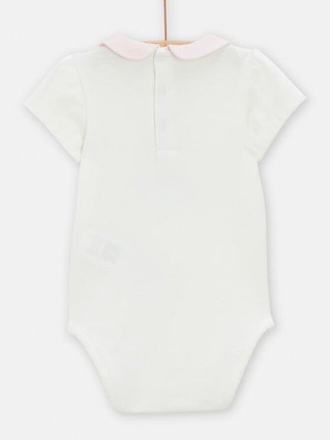 White Cotton Bodysuit With Pink Collar