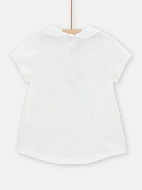 White Short Sleeve Cotton T-shirt With Ruffle Collar