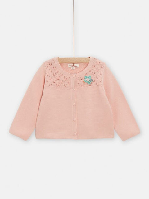 Pink Fancy Knit Cotton Cardigan with Flower Applique