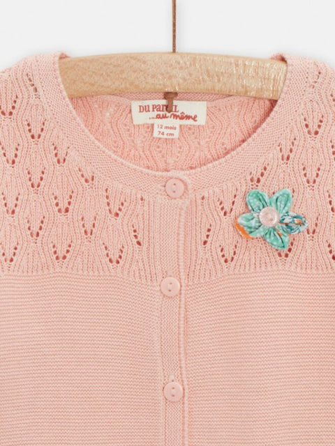 Pink Fancy Knit Cotton Cardigan with Flower Applique