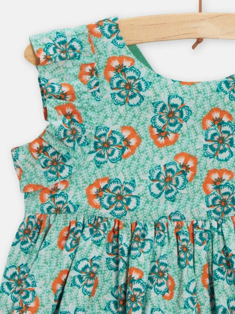Lined Green Floral Print Cotton Dress