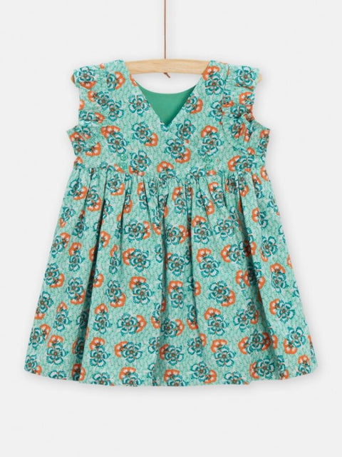 Lined Green Floral Print Cotton Dress