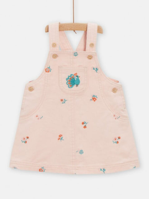 Pink Denim Dungaree Dress With Floral Embroidery
