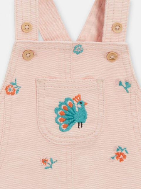 Pink Denim Dungaree Dress With Floral Embroidery