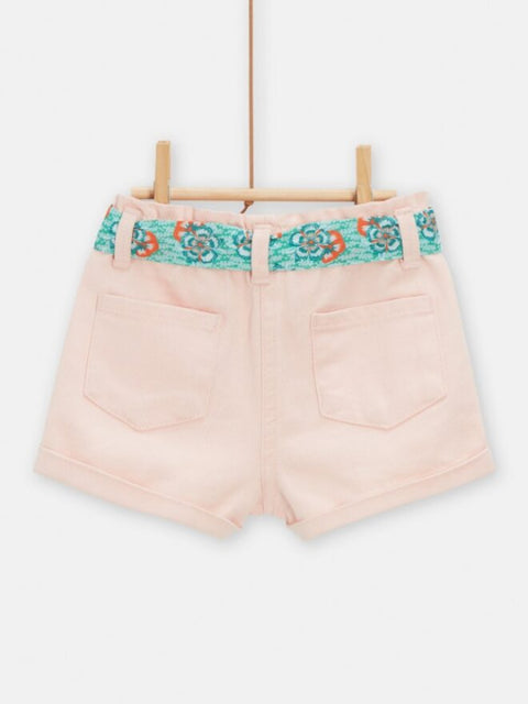 Pink Denim Shorts With Floral Fabric Belt