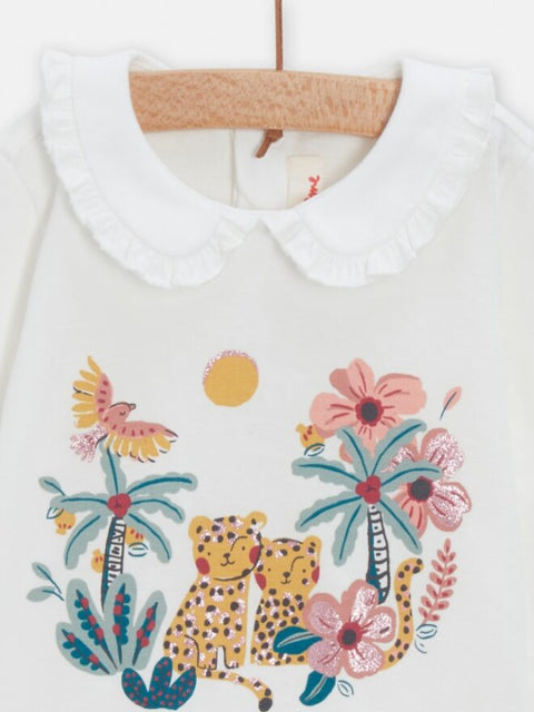 Cream Jungle Print Cotton T-shirt With Peter Pan Collar