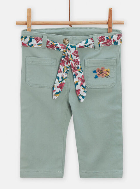 Green Denim Jeans With Floral Fabric Belt