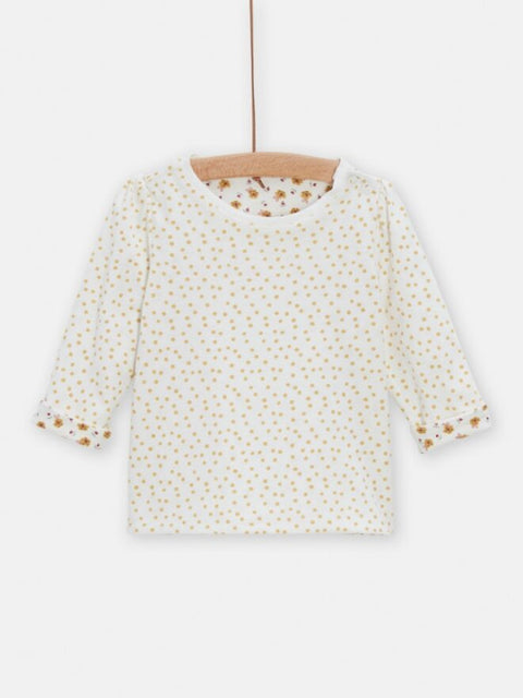 Cream & Yellow Polka Dot Cotton T-shirt With Ditsy Print On Reverse