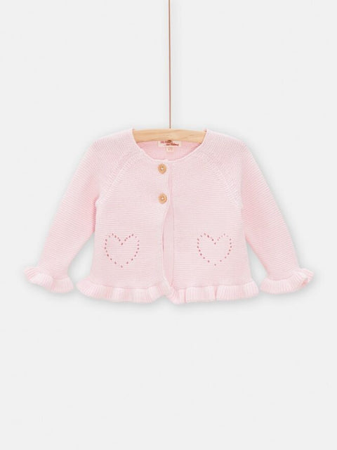 Pink Cotton Cardigan With Pointelle Heart Feature