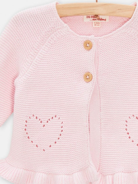 Pink Cotton Cardigan With Pointelle Heart Feature