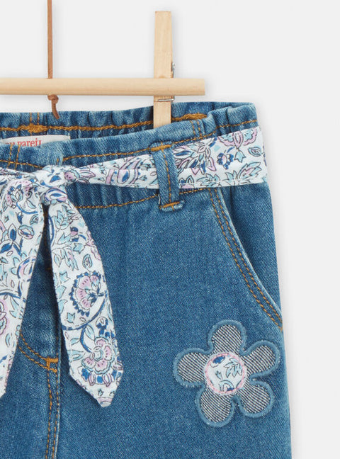 Denim Jeans With Floral Fabric Belt
