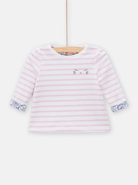 White & Pink Breton Stripe Cotton T-shirt With Paisley Print On Reverse