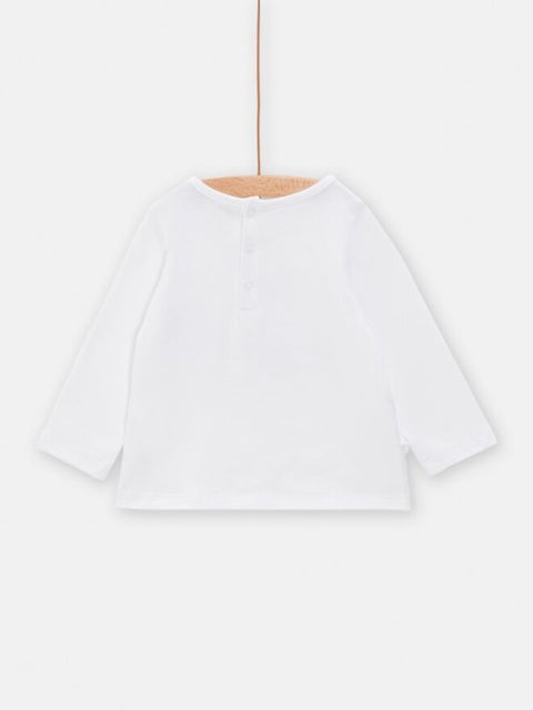 White Printed Cotton T-shirt with Ruffle Detail