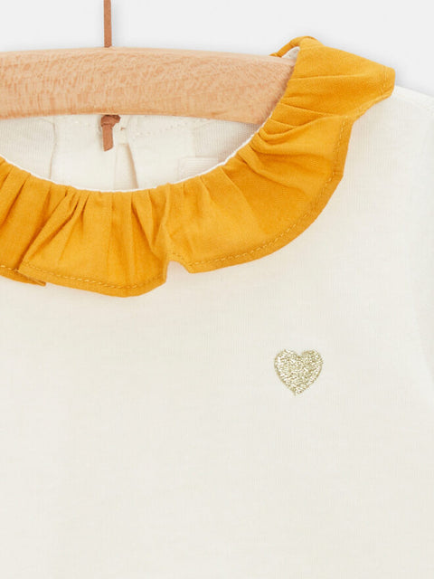 Cream Cotton T-shirt With Yellow Ruffle Collar