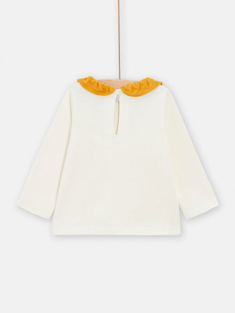 Cream Cotton T-shirt With Yellow Ruffle Collar