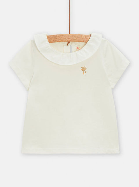 Cream Cotton T-shirt with Ruffle Collar