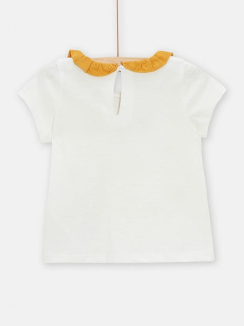 Cream Short Sleeve Cotton T-shirt With Ruffle  Collar
