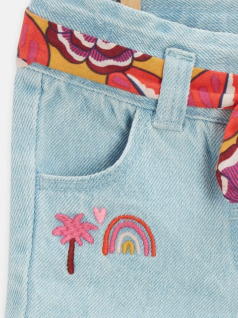 Embroidered Denim Shorts With Floral Fabric Belt