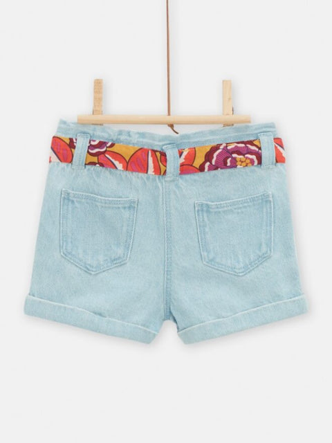 Embroidered Denim Shorts With Floral Fabric Belt