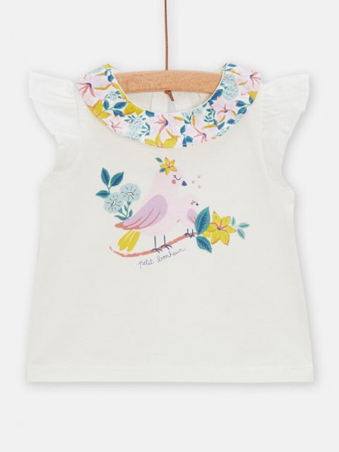 White Floral Print Cotton T-shirt With Collar