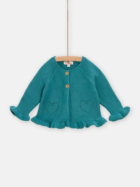 Turquoise Cotton Cardigan With Pointelle Detail