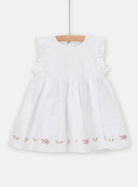 Lined white Cotton Dress With Floral Embroidery