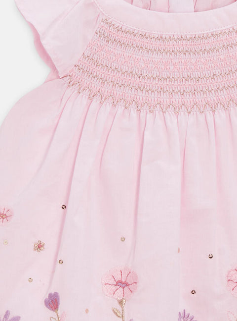 Lined Pink Smocked Dress With Floral Embroidery