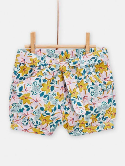 Pink Floral Print Cotton Shorts With Belt