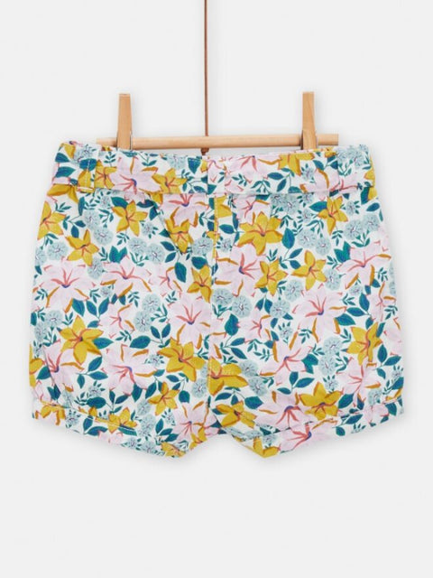 Pink Floral Print Cotton Shorts With Belt