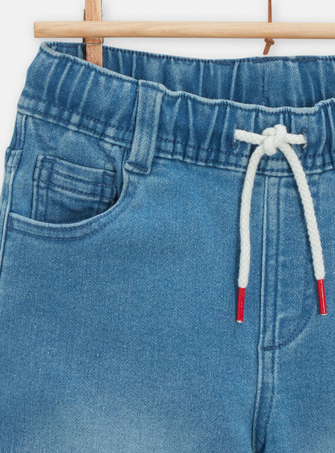 Blue Knit Denim Shorts With Turnups