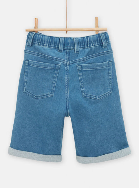 Blue Knit Denim Shorts With Turnups