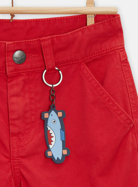 Red Cotton Cargo Shorts With Shark Keyring