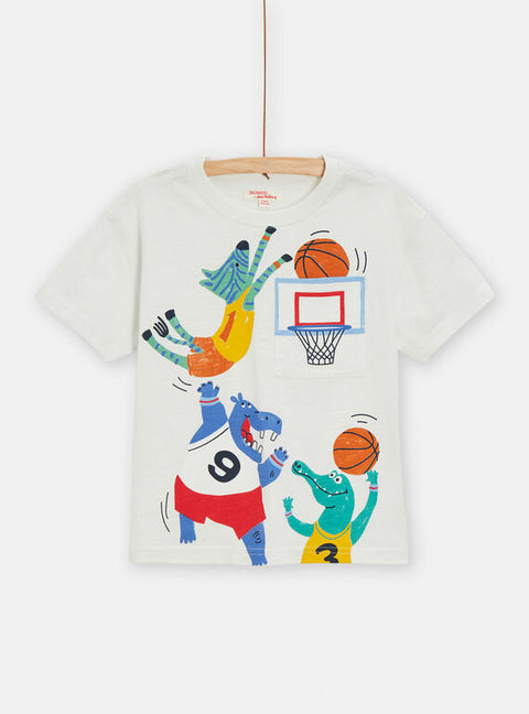 White Basketball Print Cotton T-shirt