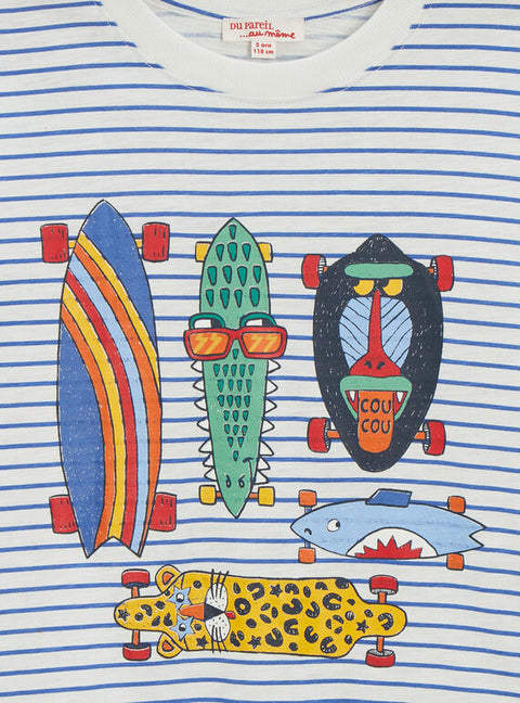 Blue & white Stripe Skateboard Print Cotton T-shirt