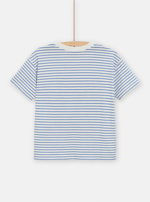 Blue & white Stripe Skateboard Print Cotton T-shirt