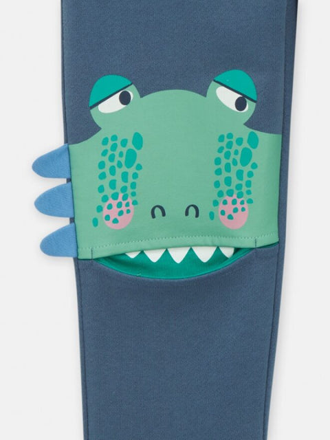 Turquoise Cotton Joggers With 3D Frog Applique