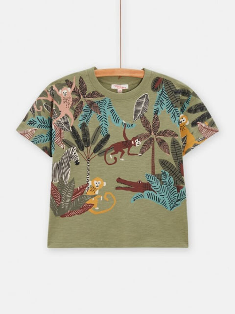Green Jungle Animal Print Short Sleeve Cotton T-shirt