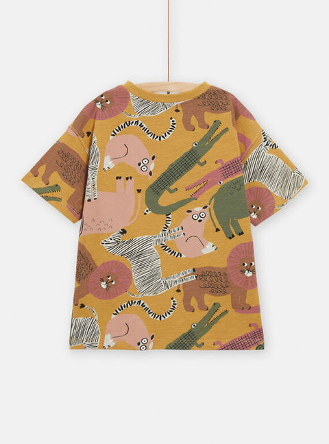 Yellow Jungle Animal Print Cotton T-shirt