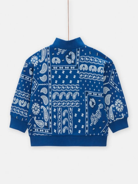Blue Paisley Print Cotton Fleece Half Zip Sweatshirt