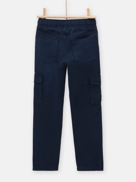 Blue Cargo Cotton Twill Trousers With Tie Waist