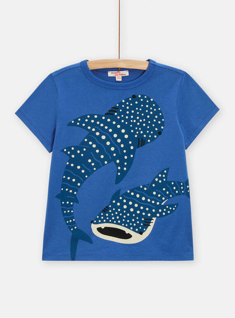 Blue Shark Print Short Sleeve Cotton T-shirt