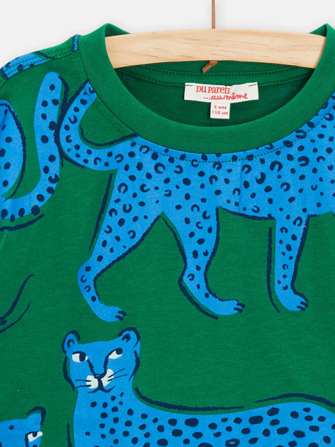 Green Short Sleeve Leopard Print Cotton T-shirt