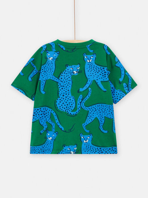 Green Short Sleeve Leopard Print Cotton T-shirt