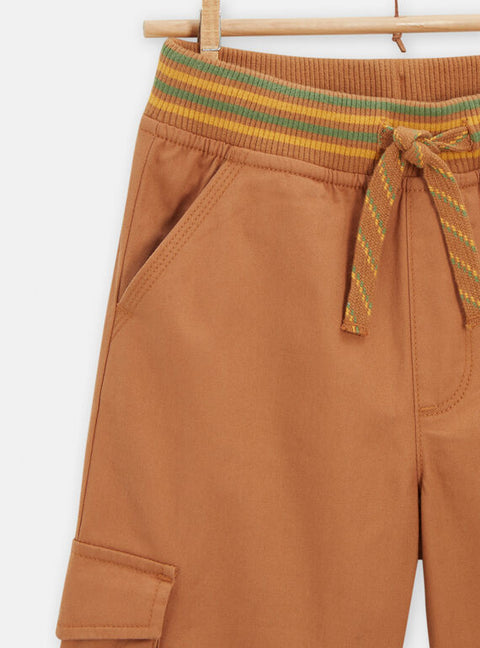 Brown Tie Waist Cotton Cargo Shorts
